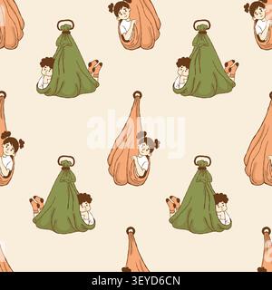 Sensory Therapy Swing with Kids Seamless Pattern. Boy and Girl Cocoon Chair for Autism. Occupational Vestibular Training Pod Hammock on Beige Backgrou Stock Vector