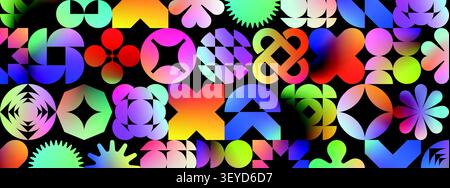Abstract pattern with gradient brutalism shapes, Postmodern background with colorful Y2k gradation figure, banner template with bright geometric ornam Stock Vector