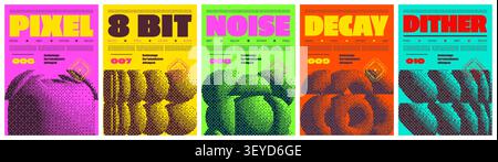 Abstract Poster set 2 with dithering form in retro 8-bit aesthetics, Y2K vector halftone pixelated moder artwork inspiration brutalism, 3d bitmap geom Stock Vector