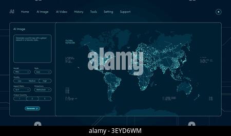 AI Image Generator interface with futuristic digital world map and global network connections, advanced user dashboard for neural network content crea Stock Vector
