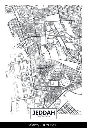 Black and white city map Jeddah lies on the Red Sea coast in the Hijaz region of Saudi Arabia, Detailed monochrome urban street plan, Cartography trav Stock Vector