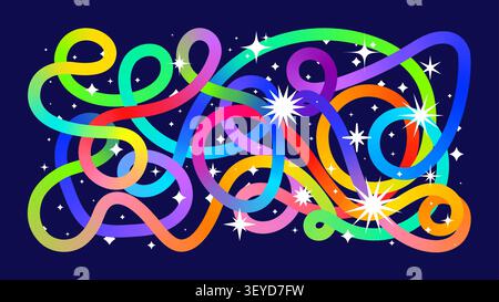 Chaotic geometric neon curved line, Dynamic long rainbow ribbon with shifting bright colors, continuous multicolor gradient swirl pattern, and white s Stock Vector
