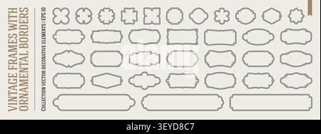 Collection of vintage frames and dividers with triple-line decorative wicker borders, set of luxury retro wedding labels, banners, elegant stickers an Stock Vector