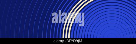 Dark blue background with concentric circular geometric lines and smooth halftone radial gradient transition, minimal wavy ripple design with semi-cir Stock Vector