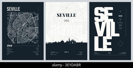 Detailed street plan city map Seville is the capital and largest city of the Spanish autonomous community of Andalusia, Vector set of travel posters, Stock Vector