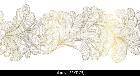 Elegant floral border pattern with golden line flowers, leaves, botanical vines vintage style. Wallpaper, wedding stationery, invitation, packaging Stock Vector