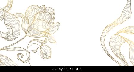 Luxury floral background with elegant golden line peonies, leaves, botanical ornament Chinese and Japanese art. Wedding invitations, greeting card Stock Vector