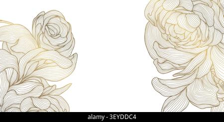 Luxury floral background with elegant golden line peonies, leaves, botanical ornament Chinese and Japanese art. Wedding invitations, greeting card Stock Vector