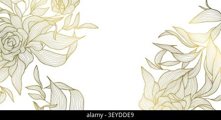 Luxury floral background with elegant golden line peonies, leaves, botanical ornament Chinese and Japanese art. Wedding invitations, greeting card Stock Vector