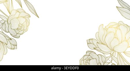 Luxury floral background with elegant golden line peonies, leaves, botanical ornament Chinese and Japanese art. Wedding invitations, greeting card Stock Vector