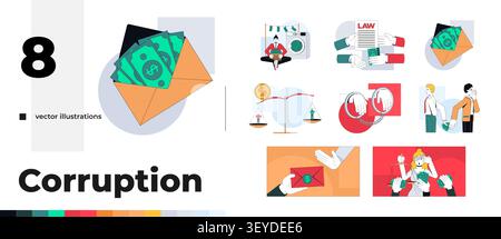 Corruption and financial crime 2D illustration concept set Stock Vector