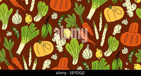 Seamless Vegetable Pattern with Fresh Farm Produce, Hand Drawn Autumn Harvest Illustration for Kitchen, Textile and Food Packaging Stock Vector