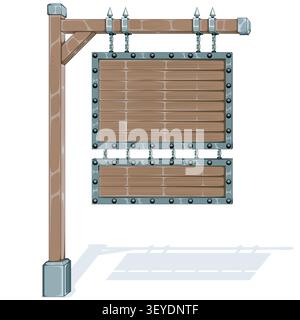 A detailed illustration of a medieval sign with two wooden planks joined by chains. Realistic colors highlight the old wood texture and classic wrough Stock Vector