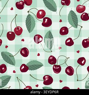 Sweet cherry seamless pattern on gingham background. Summer mood texture. Vector illustration. Stock Vector