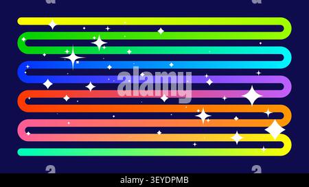 Dynamic continuous multicolor gradient swirling stripe and whites sparkling stars symbols, geometric smooth neon curved shape, long rainbow ribbon wit Stock Vector