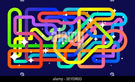 Dynamic long rainbow ribbon with shifting bright colors, continuous multicolor gradient swirling stripe and whites sparkling stars symbols, HD vector Stock Vector
