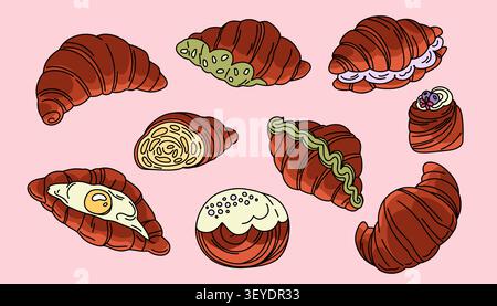 Hand Drawn Croissant Collection with Sweet French Pastries and Filled Baked Goods, Cozy Bakery Illustration in Warm Pastel Colors Stock Vector