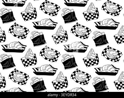 French Bakery Seamless Pattern with Croissants, Cinnamon Rolls, Sweet Pastries and Bread, Hand Drawn Black and White Food Illustration for Cafe Stock Vector