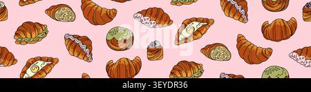 French Pastry Seamless Pattern with Croissants, Rolls and Sweet Baked Goods, Hand Drawn Bakery Illustration on Soft Pink Background Stock Vector