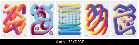 Dynamic multicolored gradient line and loops, Vector minimalistic posters with twisted volumetric line, Colorful iridescent color wavy shape, Geometri Stock Vector