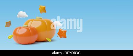 Autumn pumpkins and leaves 3d realistic background on blue sky for thanksgiving and harvest festival  Stock Vector