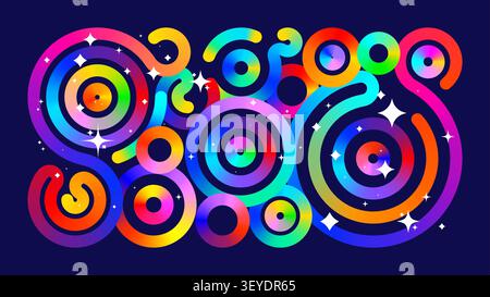 Dynamic rainbow ribbons and circles with shimmering bright colors, multicolor gradient swirl ornament and sparkling white star symbols, HD vector grap Stock Vector