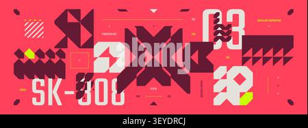 Flat futuristic background with brutalism shapes, technology Hi Tech y2k ornament, Cyberspace gaming dashboard, Abstract pink cyberpunk banner with fu Stock Vector