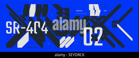 Flat futuristic background with brutalism shapes, technology Hi Tech y2k ornament, Abstract blue cyberpunk banner with future tech geometric elements Stock Vector