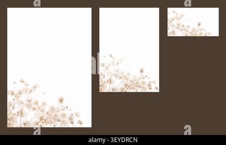 Elegant wedding and event stationery card templates set with dried flowers isolated on white background Stock Photo