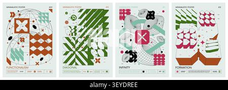Futuristic abstract graphic wireframe elements of geometric shapes rave composition, Brutalism style vector minimalistic Posters with silhouette postm Stock Vector