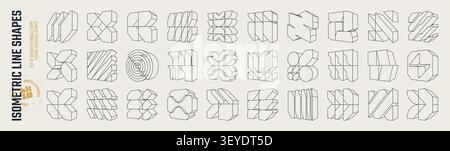Isometric line brutal 3D shapes, Brutalism volumetric carcass various form, Postmodern abstract geometric graphic frame elements, trendy cyber design Stock Vector
