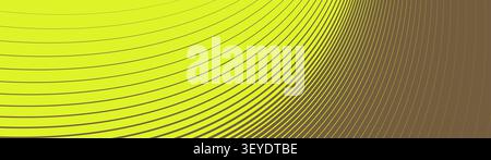 Minimalist geometric swirling vortex background with neon lime yellow concentric curves and brown thin technical transition lines abstract striped lin Stock Vector