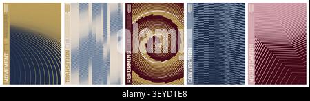 Minimalist kinetic halftone artwork visual transformation and dynamic motion ornament with transition effect, Abstract vector poster set with linear g Stock Vector
