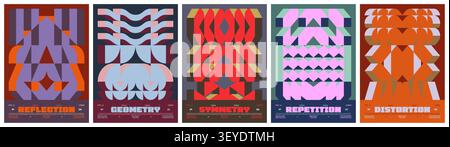 Postmodern symmetry abstract 3d geometric ornament in brutalism aesthetics, A4 bold minimalistic poster, Colorful vector trendy modern isometric mosai Stock Vector