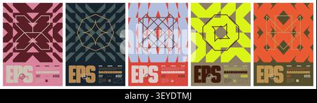 Postmodern geometric compositions with abstract ornament in brutalist aesthetics, A4 print for rave parties, Y2K modern style poster, colorful vector Stock Vector