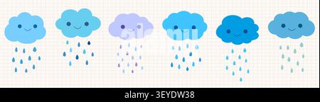 Cute kawaii rain cloud vector set, Blue smiling clouds with raindrops, Childish weather icons, Baby shower illustrations, Nursery decor for kids Stock Vector