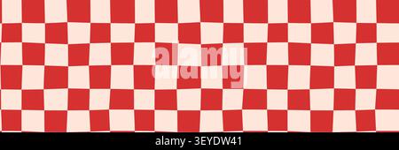 Distorted red checkerboard seamless vector pattern, Wavy squares, groovy warped plaid background Stock Vector