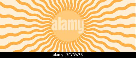 Horizontal boho sun banner with wavy rays, Groovy minimalist summer vector background, Radial sunburst for beach designs Stock Vector