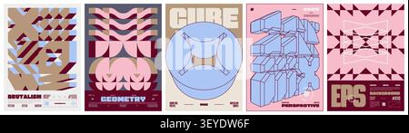 Set modernism art colorful trendy posters, abstract geometric A4 rave postmodern composition, artwork in minimalism and brutalism style, vector simple Stock Vector