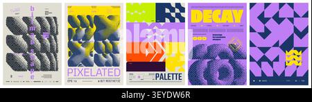 Set modernism art colorful trendy posters, abstract geometric A4 rave postmodern composition, artwork in minimalism and brutalism style, vector simple Stock Vector
