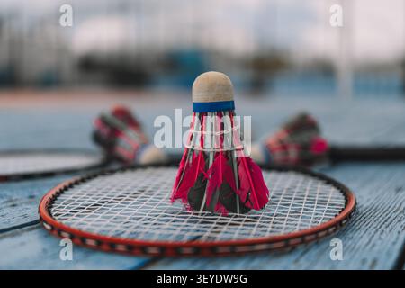 Cream white badminton shuttlecock and racket with neon light shading on dark floor in indoor badminton court, copy space, soft and selective focus. Stock Photo
