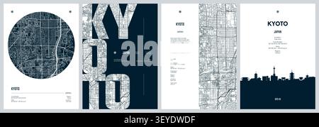 Set of travel posters design with street plan Kyoto, Kansai region of Japan, Silhouette city skyline, vector artwork, Monochrome printable detailed ur Stock Vector
