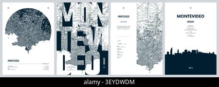 Set of travel posters design with street plan Montevideo, is the capital and largest city of Uruguay, Silhouette city skyline, vector artwork, Monochr Stock Vector