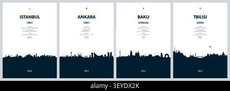 Set of travel posters with city skylines Istanbul, Baku, Sao Paulo, Tbilisi, Detailed minimalistic panorama of the urban silhouette, Black and white p Stock Vector