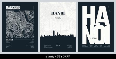 Set of travel posters with Hanoi, Vietnam, detailed urban street plan city map, Silhouette city skyline, vector artwork, set 2 Stock Vector