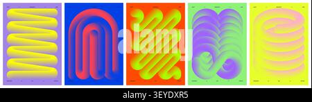Vector minimalistic posters with twisted volumetric line, Colorful iridescent color wavy shape, Dynamic multicolored gradient line and loops, Geometri Stock Vector