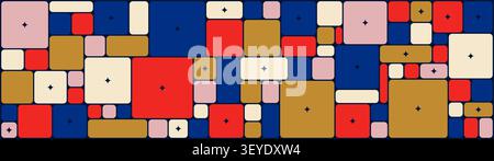 Vibrant mid-century modern geometric pattern with minimalist flat colorful rounded squares and stars, Bauhaus style background in red, blue and mustar Stock Vector