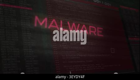 Vertical image: Partial MH blur sparking text assembling into MALWARE for security over code traces Stock Photo