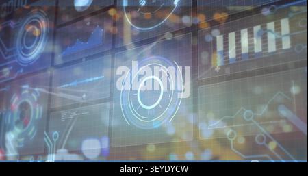 HUD pulsing via central circular widget, animating bar chart and waveform for tech monitoring Stock Photo