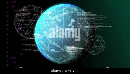 Stylized globe rotating in cyber view, code blocks scrolling from right, monitoring security Stock Photo